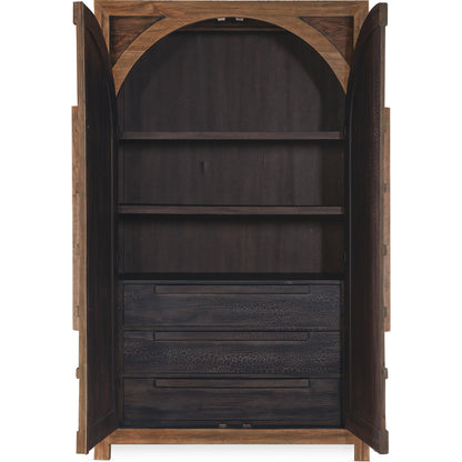 Big Sky Wardrobe by Hooker Furniture in vintage natural. Made from pecky hickory veneers, nailheads, solid-wood edged top in a modern style.