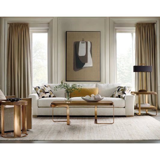 Eleana Cocktail Table by Hooker Furniture in light caramel, sunlit bronze metal. Made from walnut veneers, metal in a modern style.