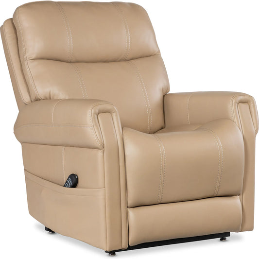 Carroll Power Recliner with Power Headrest, Lumbar & Lift by Hooker Furniture in sorrento sand. Made from leather in a traditional style.