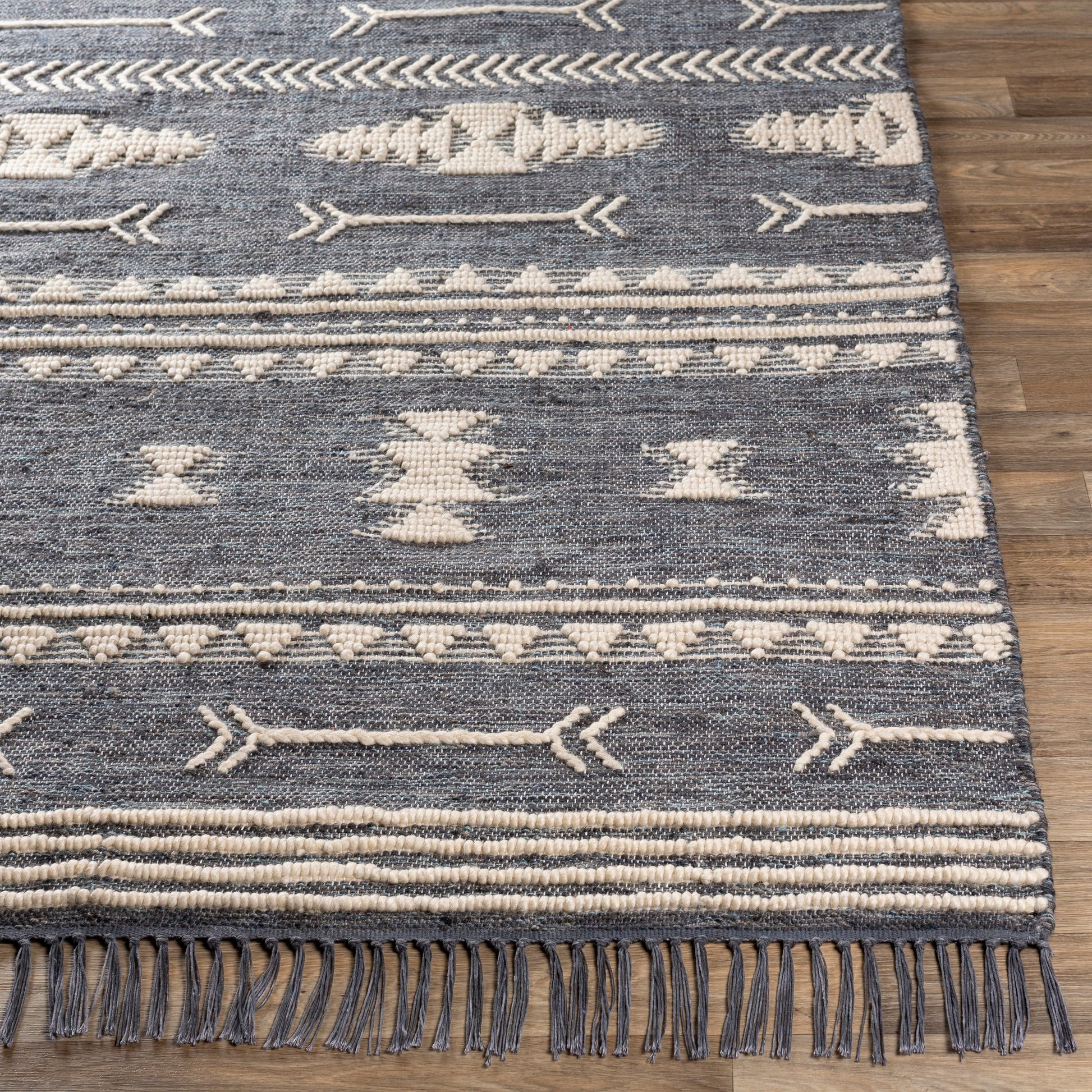Cheyenne Naturals CNA-2300 Rug by Surya in aqua, brown, navy, cream. Made from 60% jute, 30% wool, 10% polyester in a unique style.