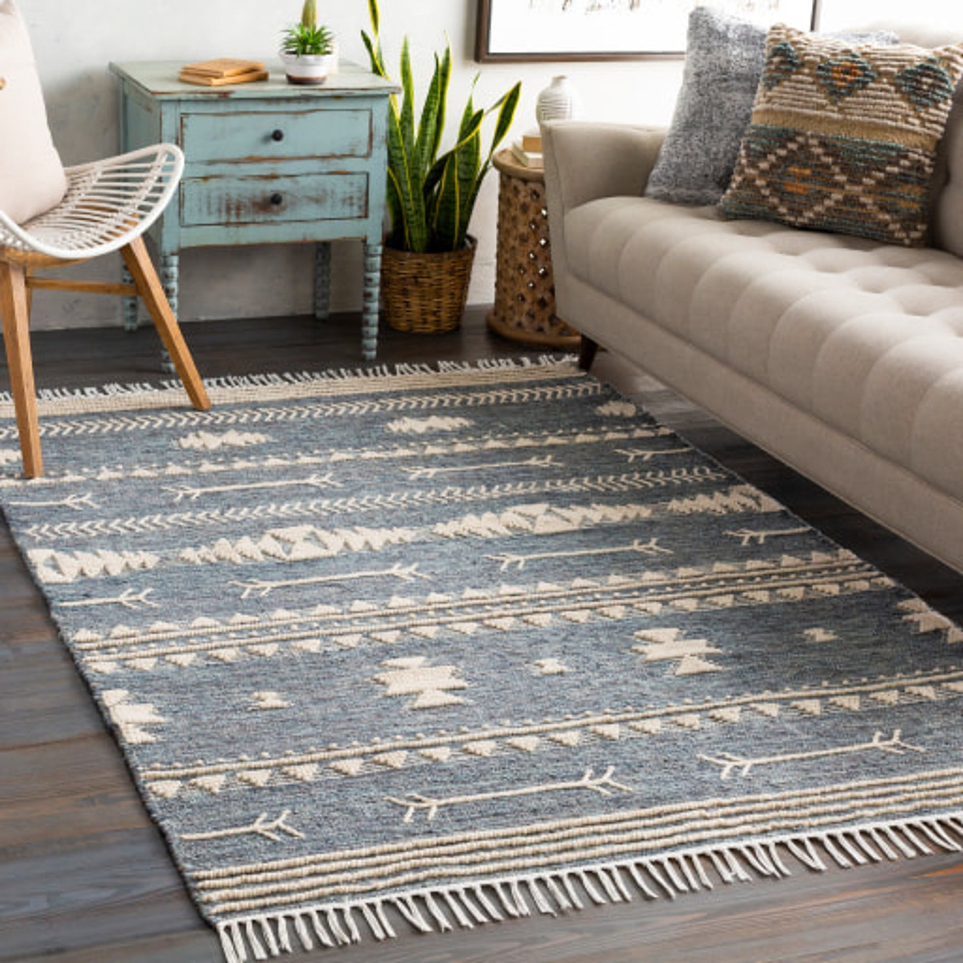Cheyenne Naturals CNA-2300 Rug by Surya in aqua, brown, navy, cream. Made from 60% jute, 30% wool, 10% polyester in a unique style.