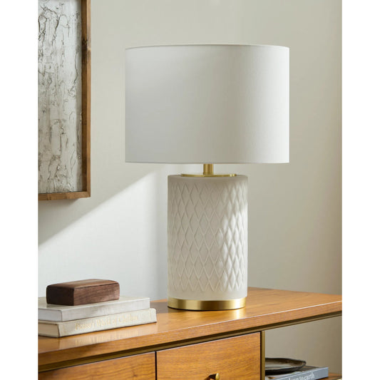 Cancale Accent Table Lamp - White Shade by Livabliss in platedpaintedplated. Made from glass, iron, linen in a unique style.