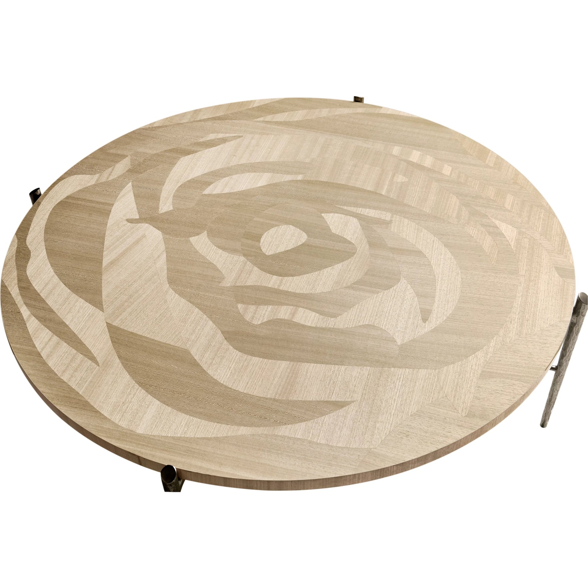 Tidepool Round Cocktail Table by Jonathan Charles in beige and natural dyed koto. Made from koto veneer, stainless steel in a transitional style.