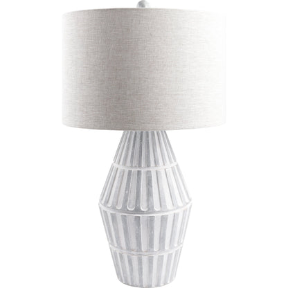 Conflux Table Lamp - 498988 by Surya in translucent, metallic nickel, gray, white. Made from body: cement, shade (outside): linen, shade (inside): polyester, finial: plastic in a modern style.
