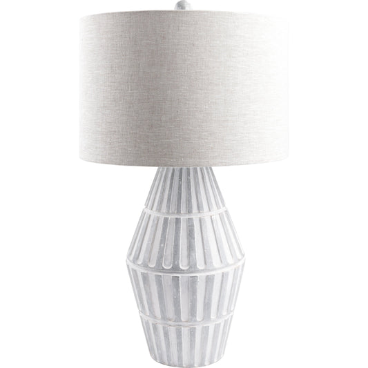 Conflux Table Lamp - 498988 by Surya in gray. Made from body: cement, shade (outside): linen, shade (inside): polyester, finial: plastic in a modern style.