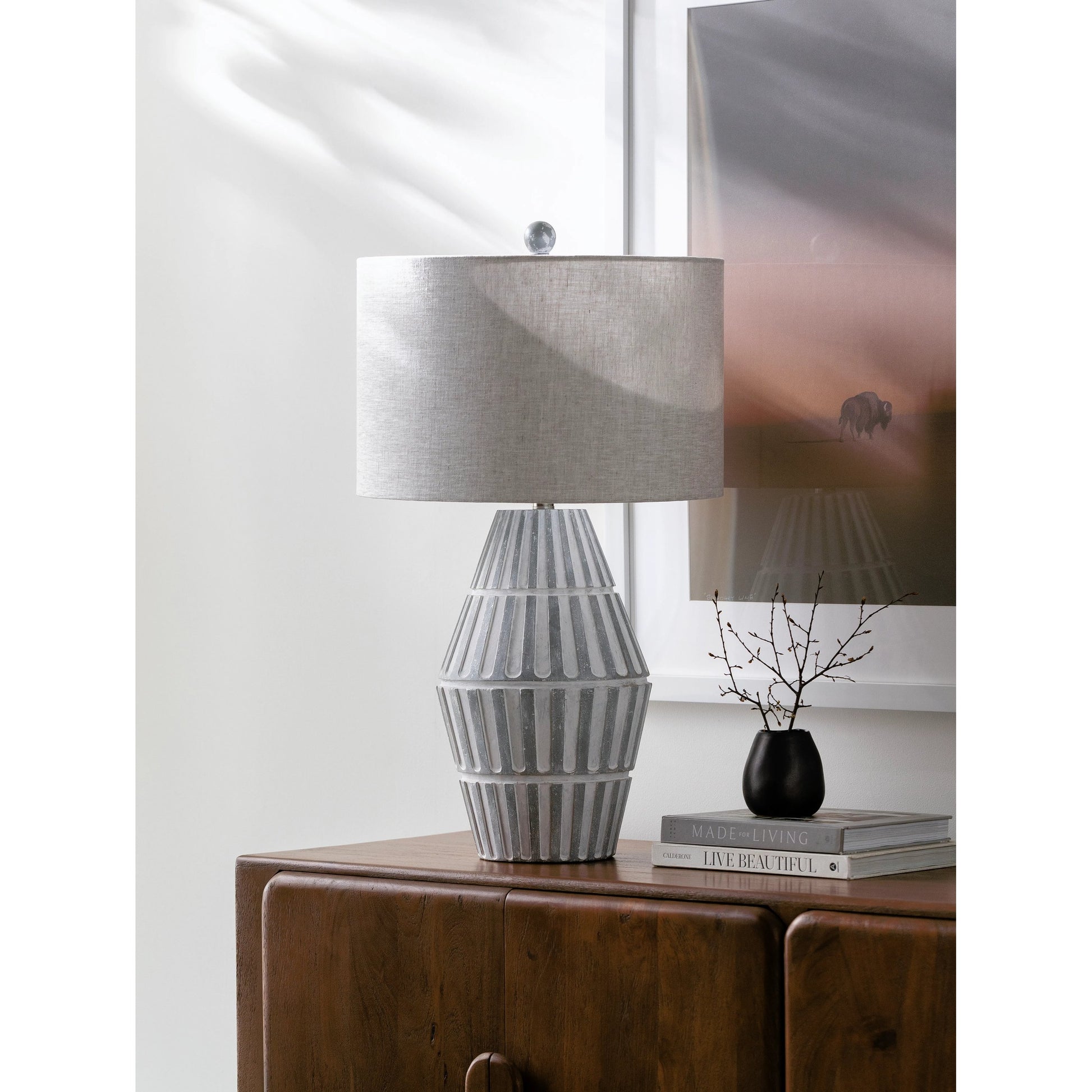 Conflux Table Lamp - 498988 by Surya in translucent, metallic nickel, gray, white. Made from body: cement, shade (outside): linen, shade (inside): polyester, finial: plastic in a modern style.