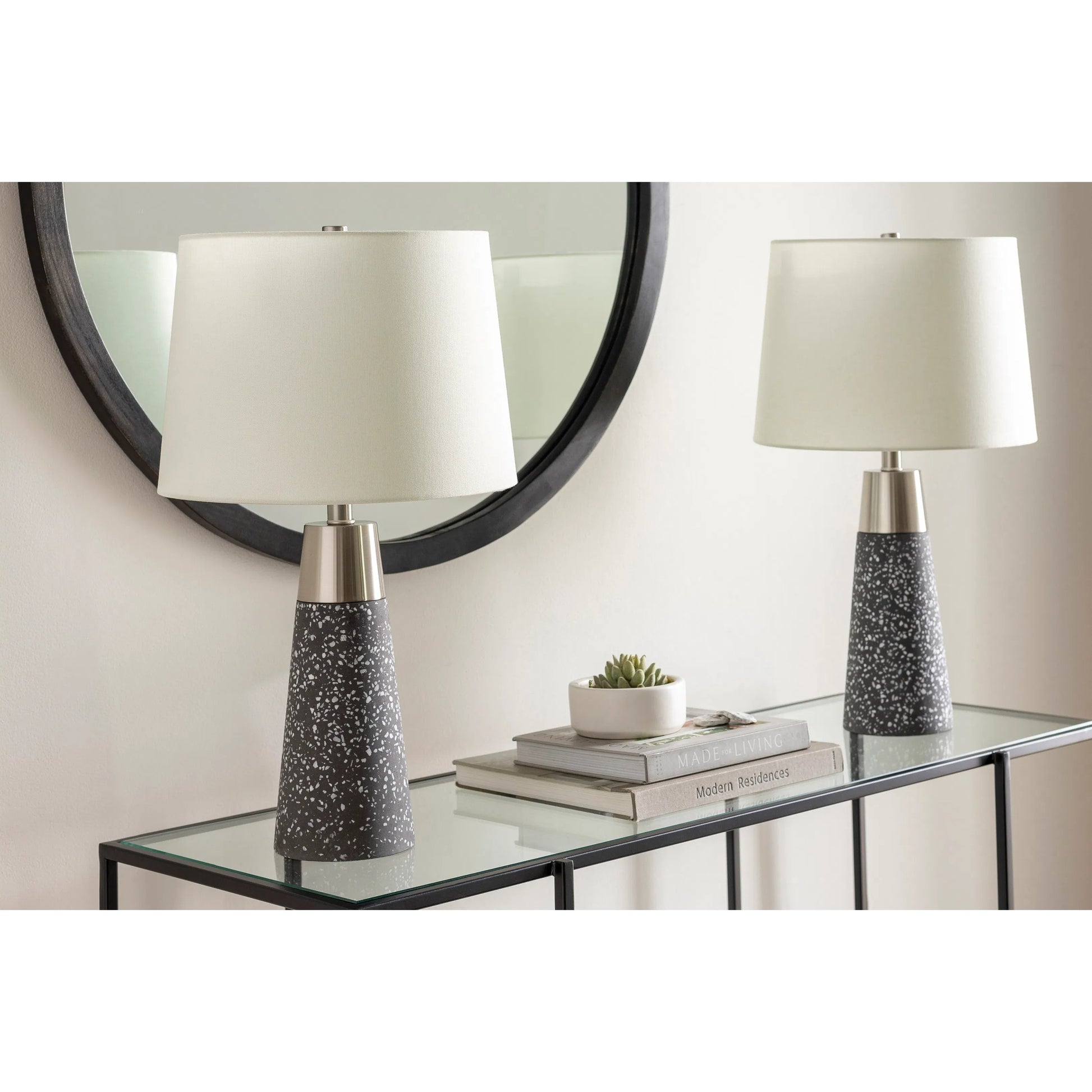 Catania - 31028 (Set of 2) by Livabliss in gray. Made from shade (outside): linen, shade (inside): polyester, body: concrete, body: metal, finial: iron, finial: metal, harp: iron in a unique style.