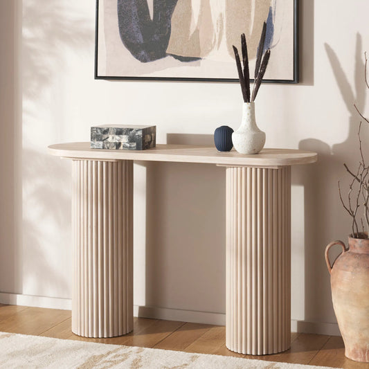 Yates Console Table by HedgeApple Essentials in bleached white. Made from mdf, ash veneer in a unique style.