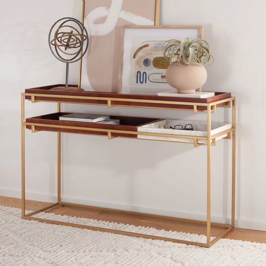 Akari Console Table by Safavieh in brown, white. Made from powder coating, mango wood, iron in a modern style.