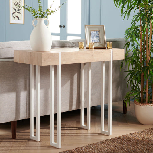 Aberton Console Table by Safavieh in natural, white. Made from paper veneer for top, powder coating for tube, mdf, iron in a modern style.