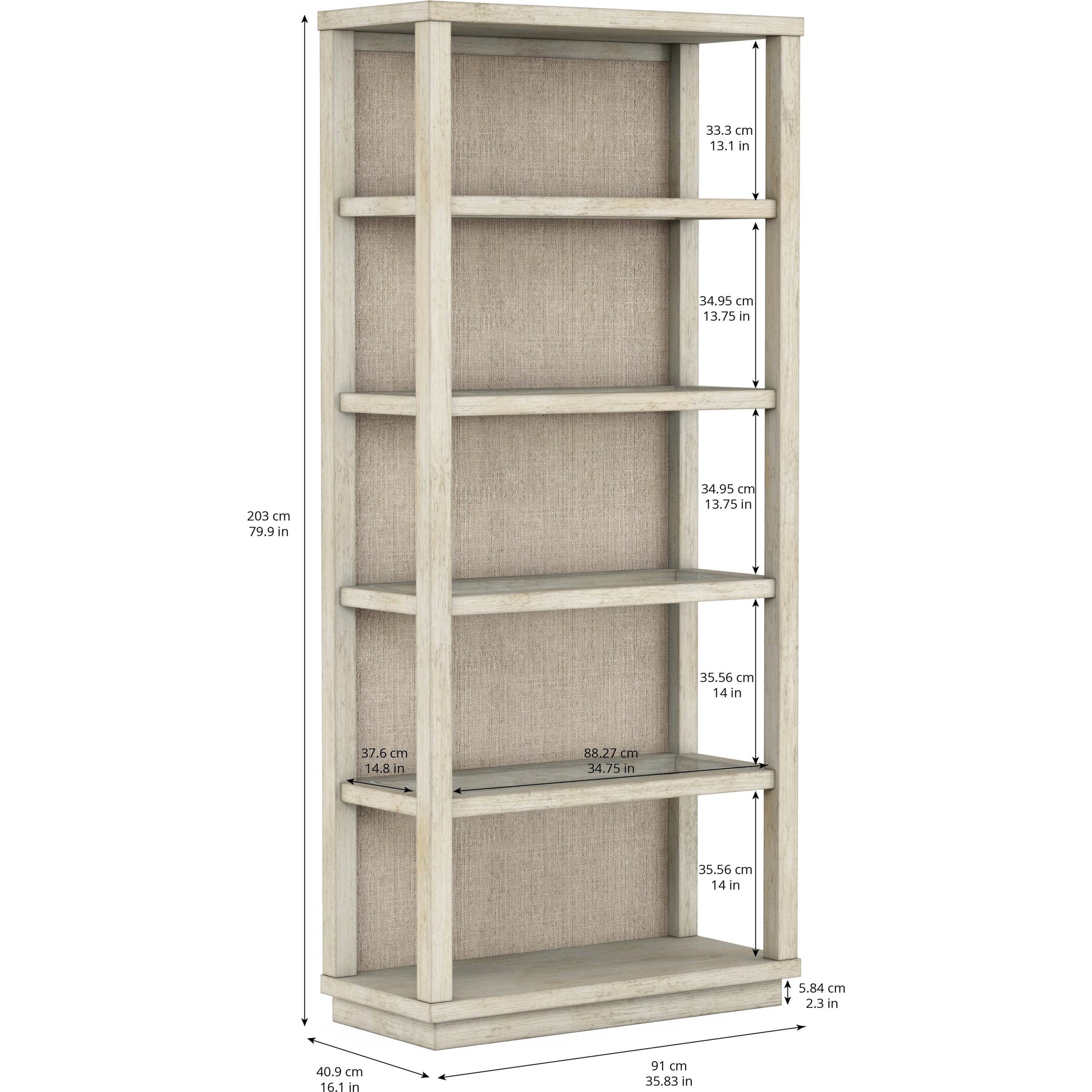 Cotiere Etagere by A.R.T. Furniture in beige and linen. Made from parawood solids, mixed split cathedral and quarter-white oak veneers, fabric, glass in a modern style.