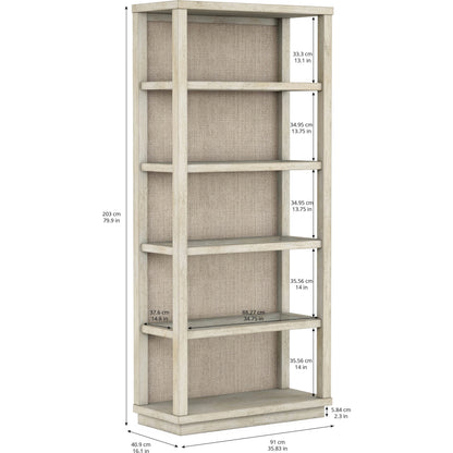 Cotiere Etagere by A.R.T. Furniture in beige and linen. Made from parawood solids, mixed split cathedral and quarter-white oak veneers, fabric, glass in a modern style.