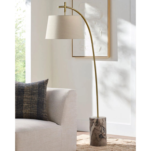 Cadenza Accent Floor Lamp by Surya in translucent, white, metallic gold, brown. Made from iron, marble, linen, polyester in a modern style.