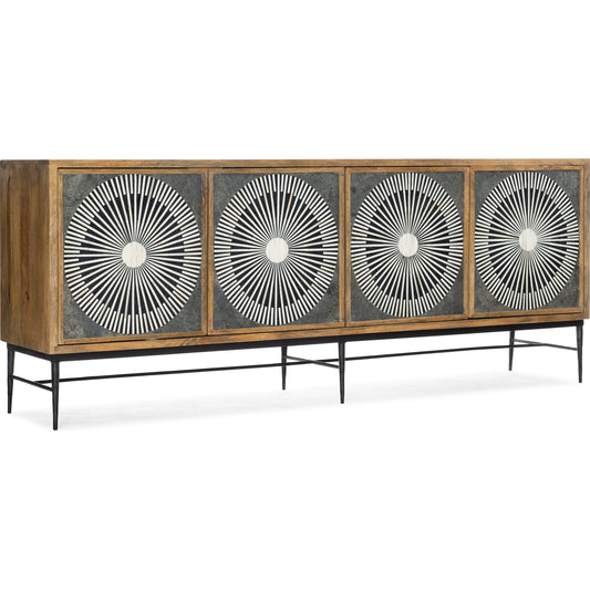 Giovanni Entertainment Console by Hooker Furniture in medium natural wood. Made from mango wood with bone inlay, iron, slate veneer in a transitional style.