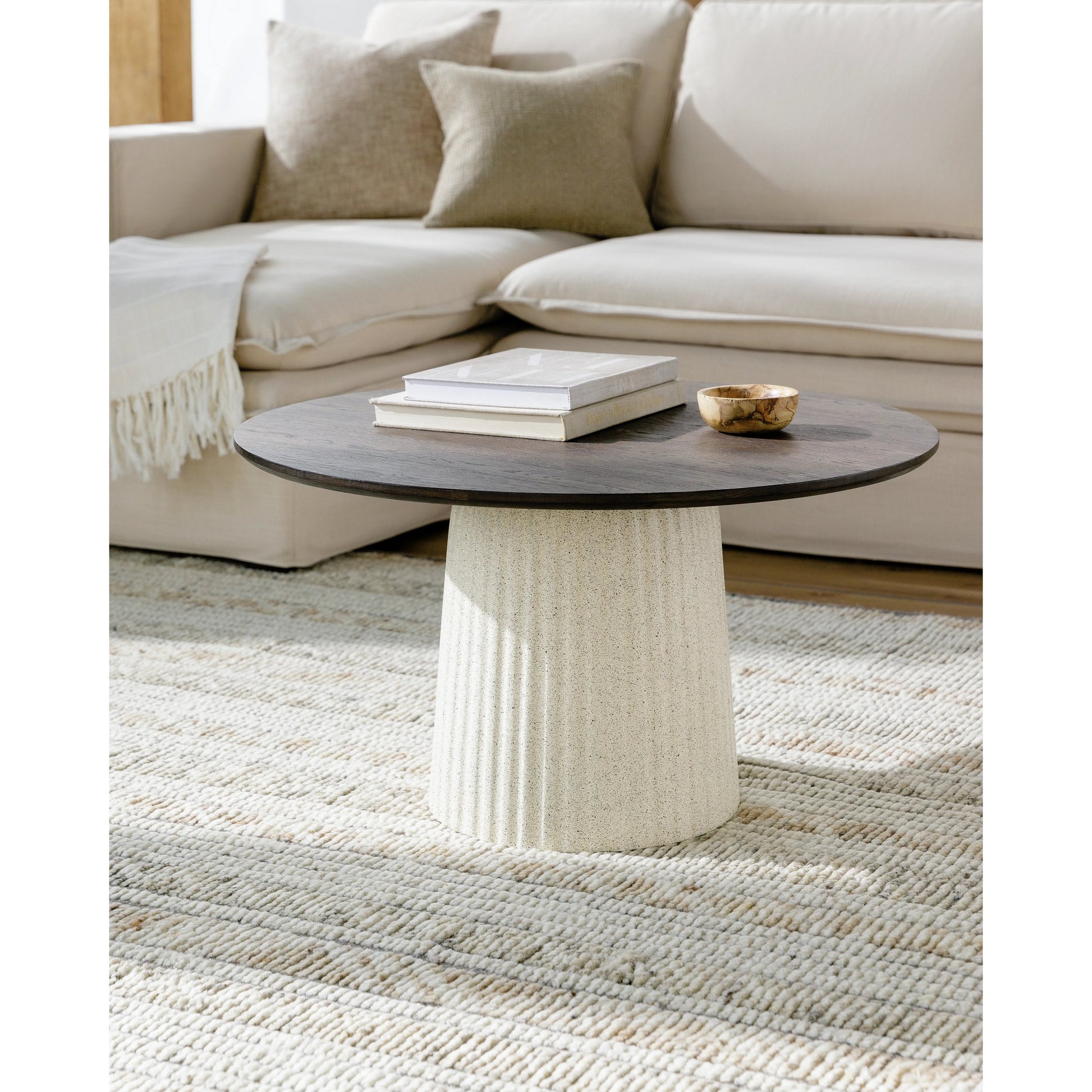 Cornelia Coffee Table - 526052 by Surya in dark brown, brown, beige, black and terrazzo. Made from top: wood veneer, base: concrete, steel in a modern style.