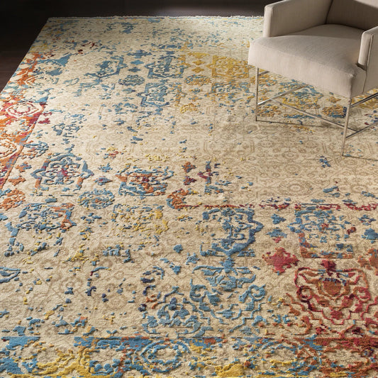 Colaba Rug - 17400 by Surya in sky blue, navy, dusty coral, rose, burgundy, mustard. Made from 80% wool, 20% silk in a unique style.