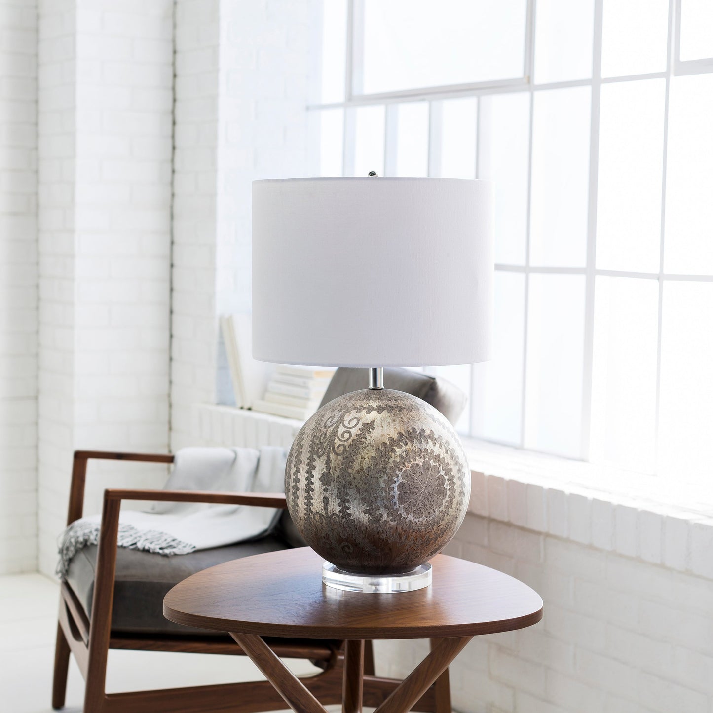 002 S-233723 | Lifestyle | Constancce Lamp - 20627 by Surya in clear, metallic silver, metallic nickel and bottom translucent. Made from linen, glass, acrylic, iron, 100% metal in a traditional style.