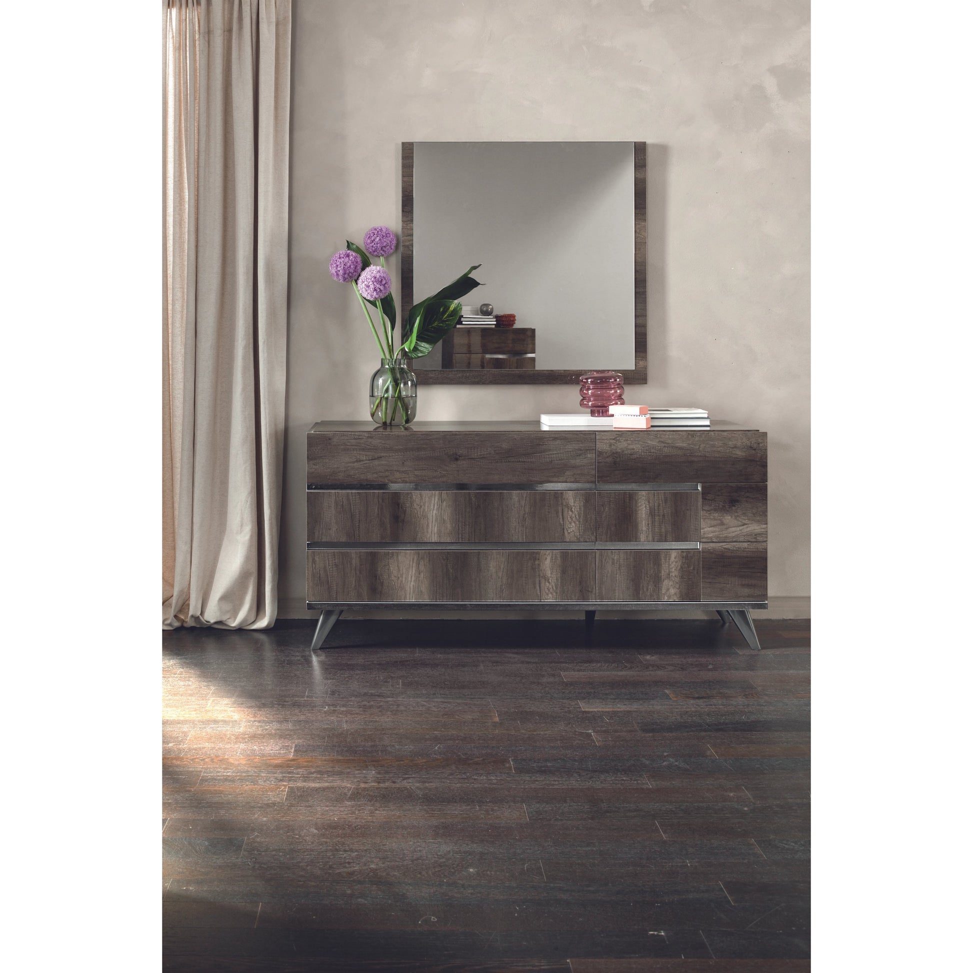 Collina Double Dresser by Essentials For Living in vintage oak high gloss, chrome. Made from acrylic high gloss lacquer, mdf, metal in a modern style.