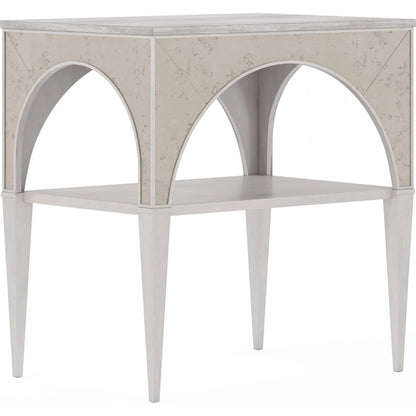 Mezzanine Night Table by A.R.T. Furniture in dove gray. Made from parawood, poplar solids, maple veneer, mirror, travertine in a modern style.