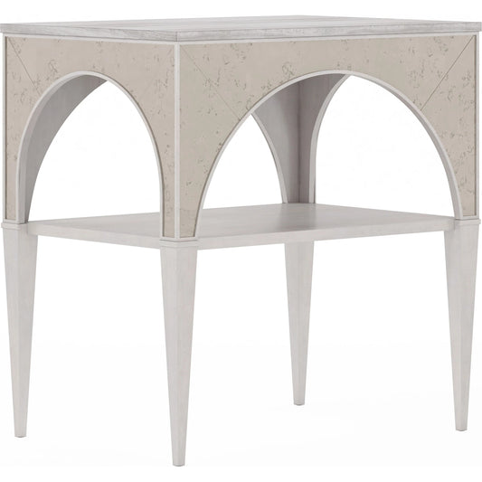 Mezzanine Night Table by A.R.T. Furniture in dove gray. Made from parawood, poplar solids, maple veneer, mirror, travertine in a modern style.