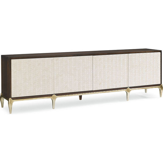 For Your Viewing Pleasure Cabinet by Caracole in bone and french roast, gold bullion paint. Made from fumed eucalyptus, hardwoods in a transitional style.