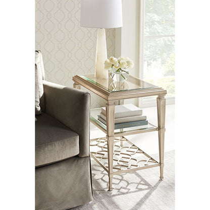 Social Connections Side Table by Caracole in silver and taupe silver leaf. Made from steel, metal, cast iron in a transitional style.