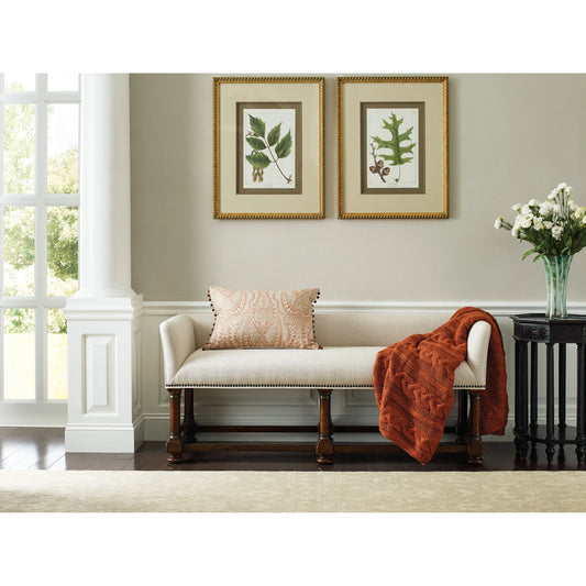 Charleston Bed Bench by Hooker Furniture in chateau linen and black cherry. Made from wood, fabric, nailheads in a modern style.