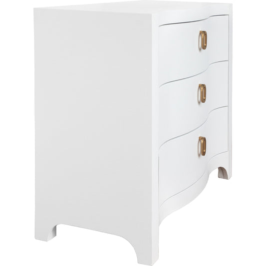 Cora Curved Front Chest by Worlds Away. Made from solid wood, mdf, linen in a cottage & farmhouse style.
