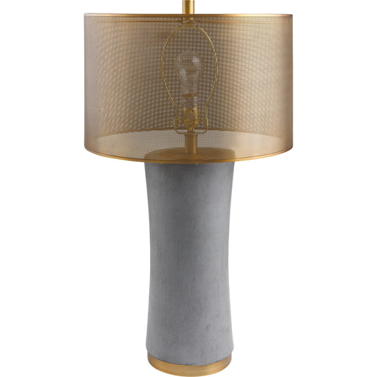 Cosmiq Table Lamp - 498966 by Surya in gray and brass. Made from body: cement, base: metal, shade (outside): metal, shade (inside): metal, finial: metal in a modern style.