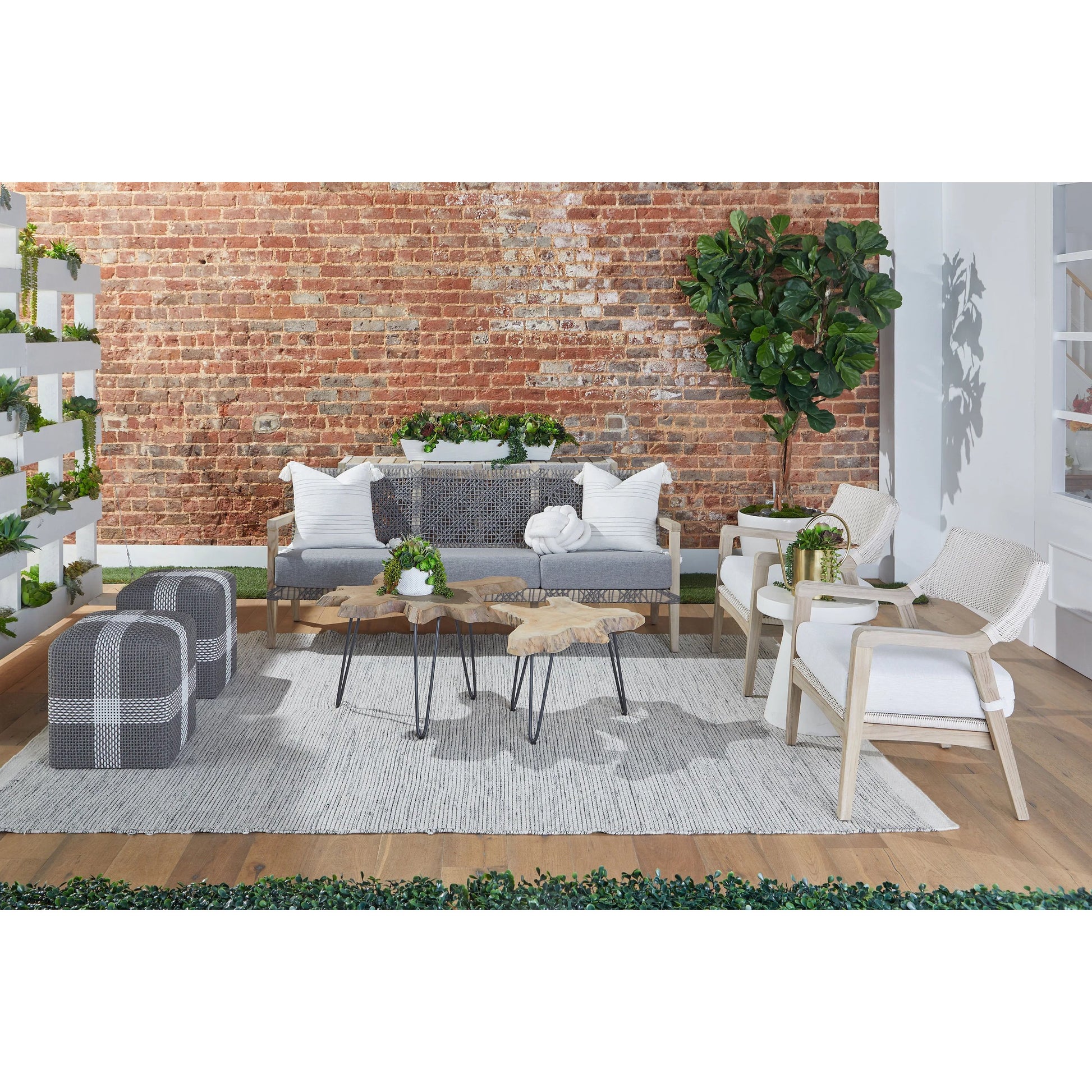 Costa Sofa by Essentials For Living in gray teak, performance dove. Made from solid teak wood, polyolefin rope, 100% olefin fabric, foam in a coastal style.