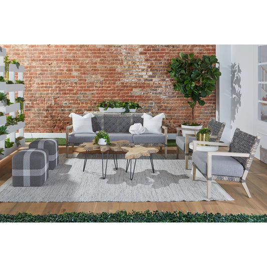 Costa Club Chair by Essentials For Living in gray teak, performance dove. Made from solid teak wood, polyolefin rope, 100% olefin fabric, foam in a coastal style.