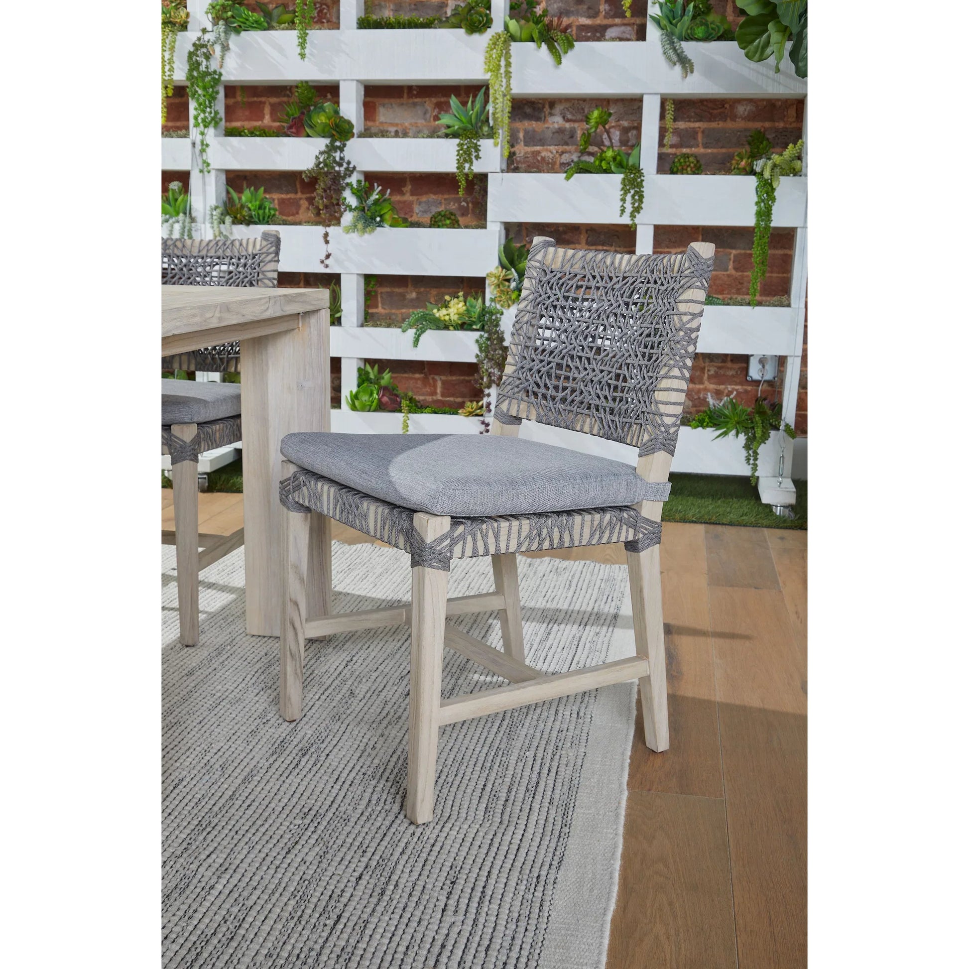 Costa Dining Chair (Set of 2) by Essentials For Living in oat flat rope, performance ecru weave, washed ever teak. Made from solid teak wood, metal in a coastal style.