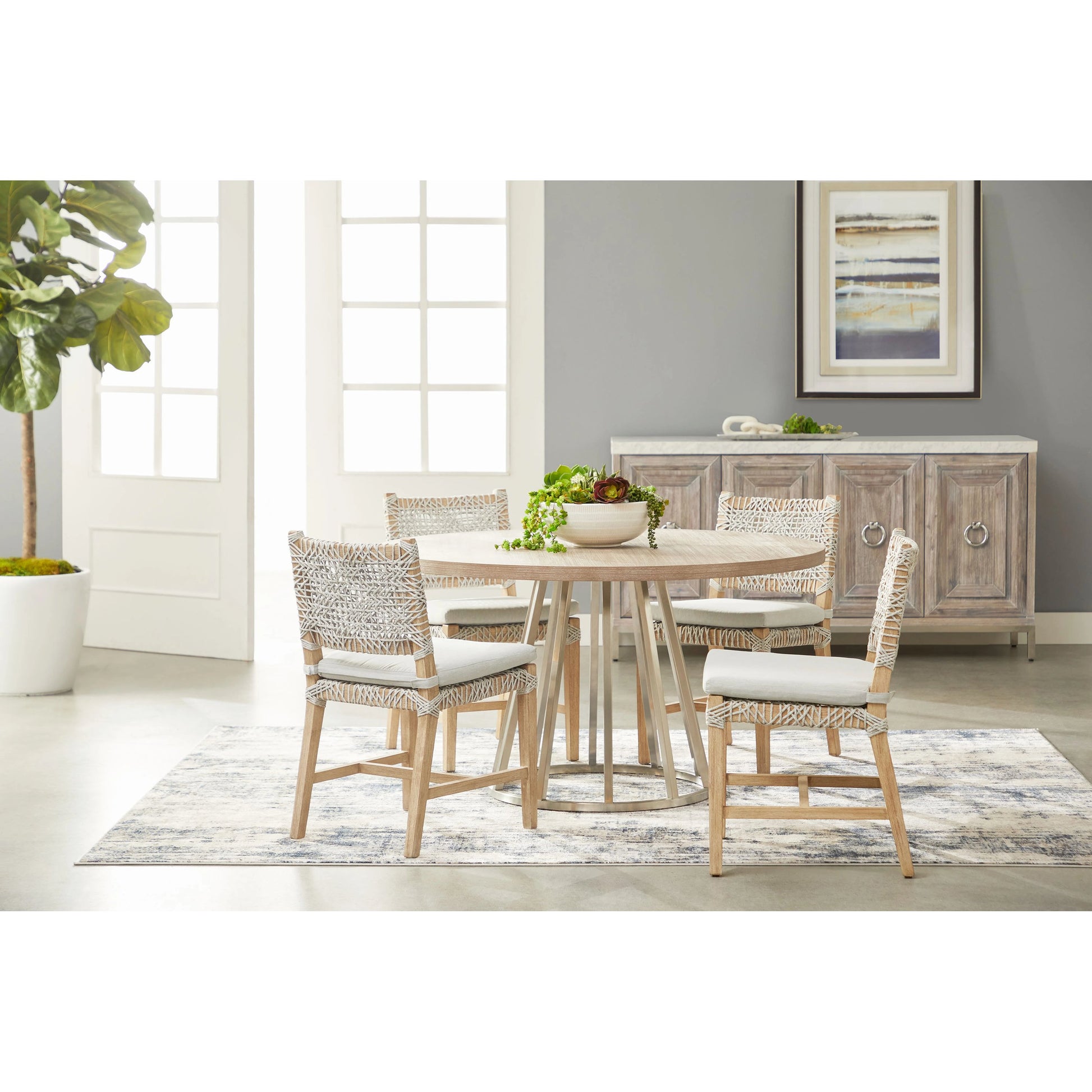 Costa Dining Chairs (Set of 2) by Essentials For Living in natural gray mahogany, taupe, white flat. Made from solid mahogany wood, polyolefin rope, 100% olefin fabric, foam in a coastal style.