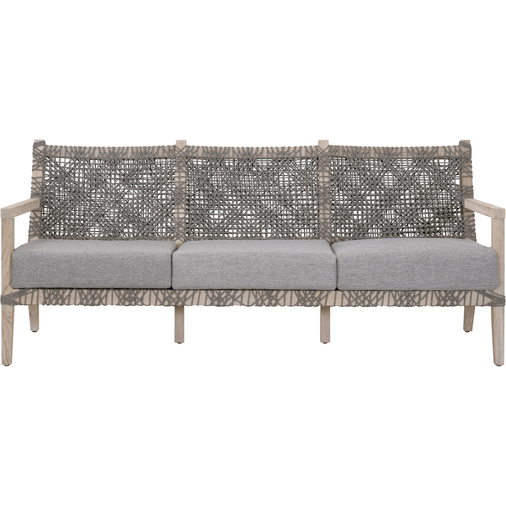 Costa Sofa by Essentials For Living in gray teak, performance dove. Made from solid teak wood, polyolefin rope, 100% olefin fabric, foam in a coastal style.