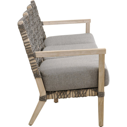 Costa Sofa by Essentials For Living in gray teak, performance dove. Made from solid teak wood, polyolefin rope, 100% olefin fabric, foam in a coastal style.