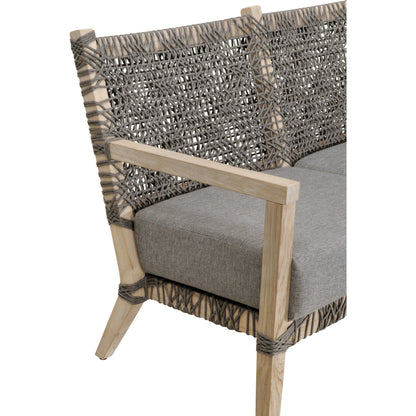 Costa Sofa by Essentials For Living in gray teak, performance dove. Made from solid teak wood, polyolefin rope, 100% olefin fabric, foam in a coastal style.