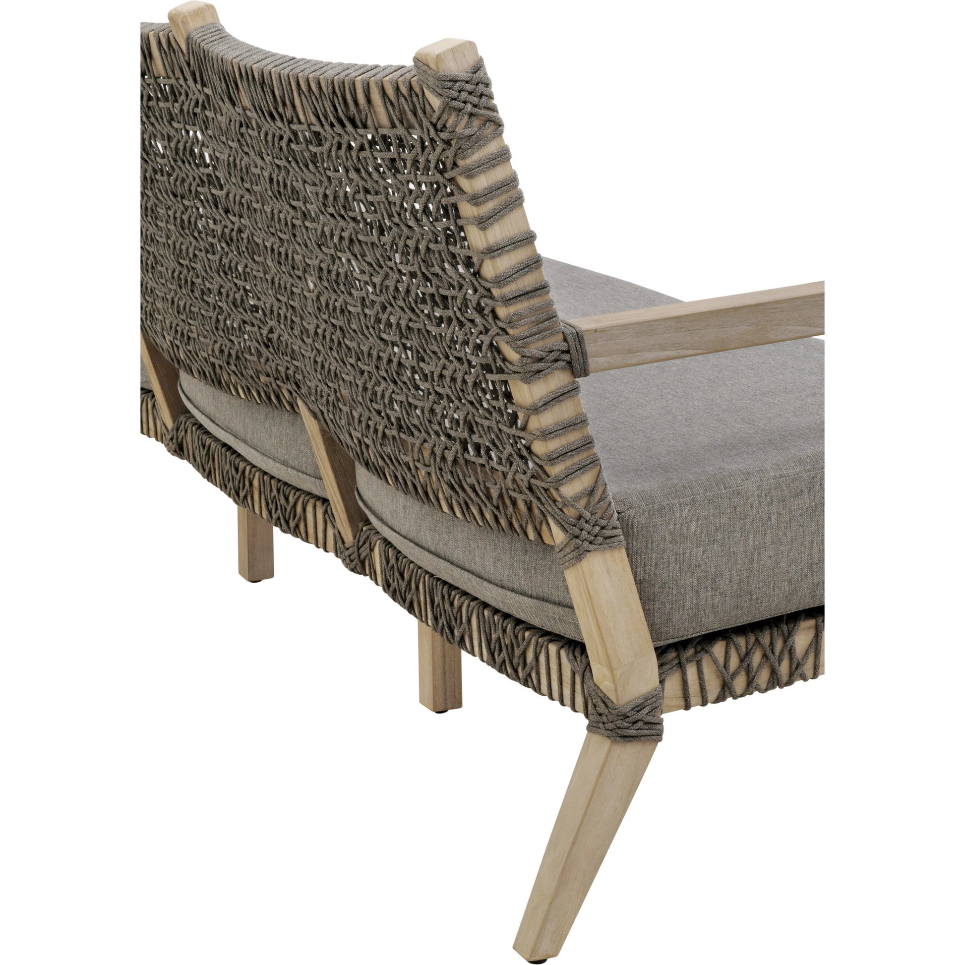 Costa Sofa by Essentials For Living in gray teak, performance dove. Made from solid teak wood, polyolefin rope, 100% olefin fabric, foam in a coastal style.