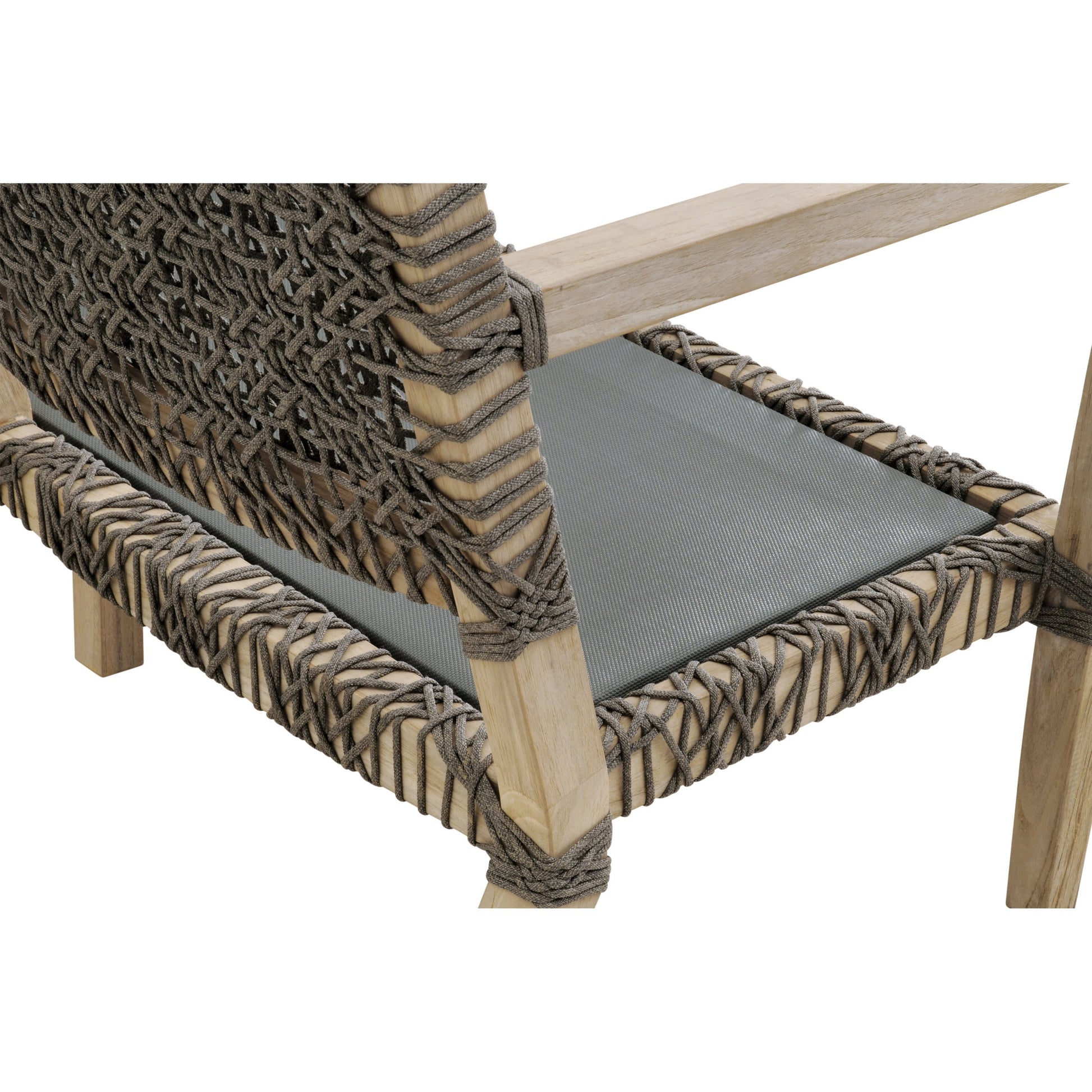 Costa Sofa by Essentials For Living in gray teak, performance dove. Made from solid teak wood, polyolefin rope, 100% olefin fabric, foam in a coastal style.