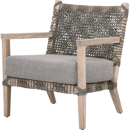 Costa Club Chair by Essentials For Living in gray teak, performance dove. Made from solid teak wood, polyolefin rope, 100% olefin fabric, foam in a coastal style.