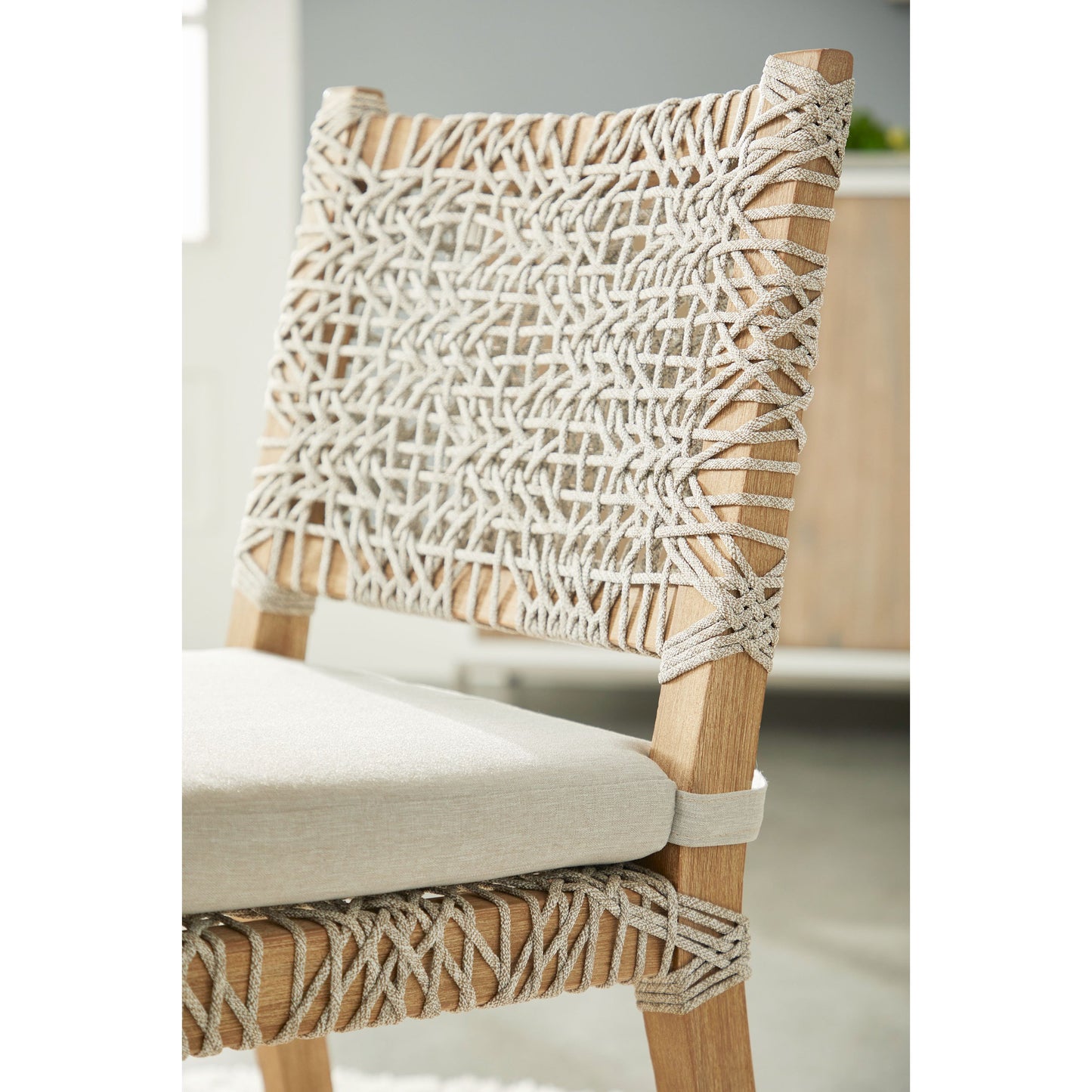 013 SR-859763 | Closeup | Costa Dining Chairs (Set of 2) by Essentials For Living in natural gray mahogany, taupe, white flat. Made from solid mahogany wood, polyolefin rope, 100% olefin fabric, foam in a coastal style.