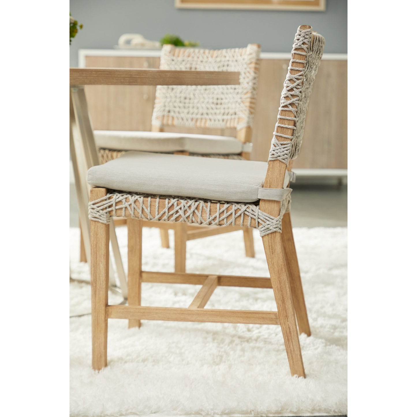 014 SR-859763 | Lifestyle | Costa Dining Chairs (Set of 2) by Essentials For Living in natural gray mahogany, taupe, white flat. Made from solid mahogany wood, polyolefin rope, 100% olefin fabric, foam in a coastal style.