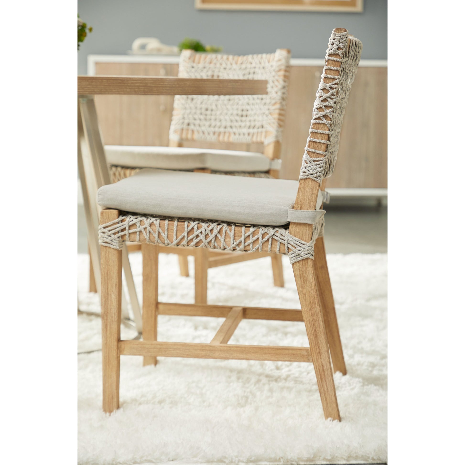 Costa Dining Chairs (Set of 2) by Essentials For Living in natural gray mahogany, taupe, white flat. Made from solid mahogany wood, polyolefin rope, 100% olefin fabric, foam in a coastal style.