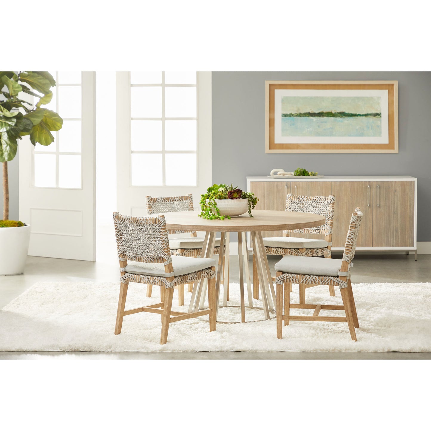 016 SR-859763 | Lifestyle | Costa Dining Chairs (Set of 2) by Essentials For Living in natural gray mahogany, taupe, white flat. Made from solid mahogany wood, polyolefin rope, 100% olefin fabric, foam in a coastal style.