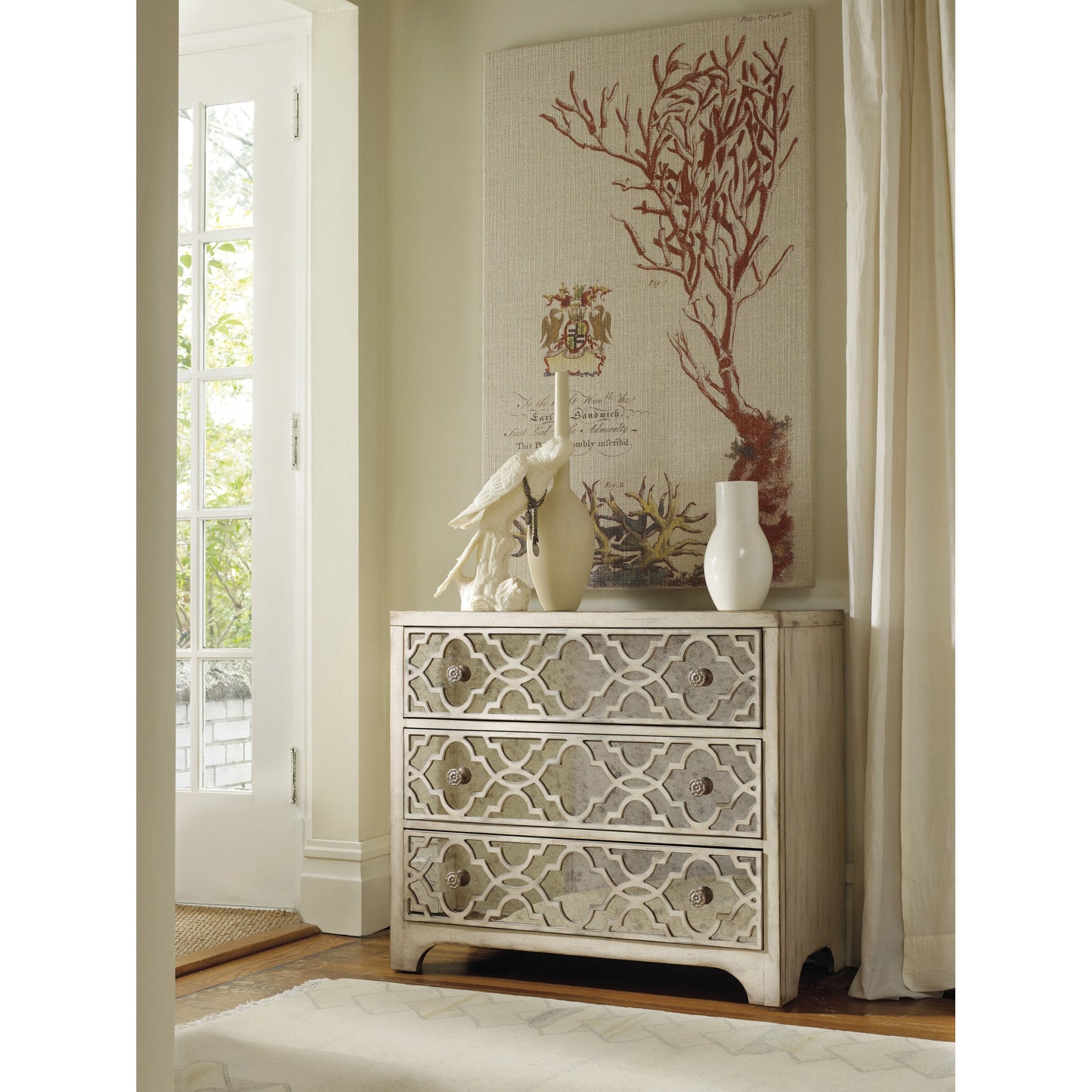 003 SI-1749585 | Lifestyle | Sanctuary Fretwork Chest by Hooker Furniture in pearl essence. Made from oak, red cedar veneers with antique mirror in a modern style.