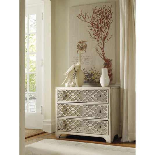 Sanctuary Fretwork Chest by Hooker Furniture in pearl essence. Made from oak, red cedar veneers with antique mirror in a modern style.