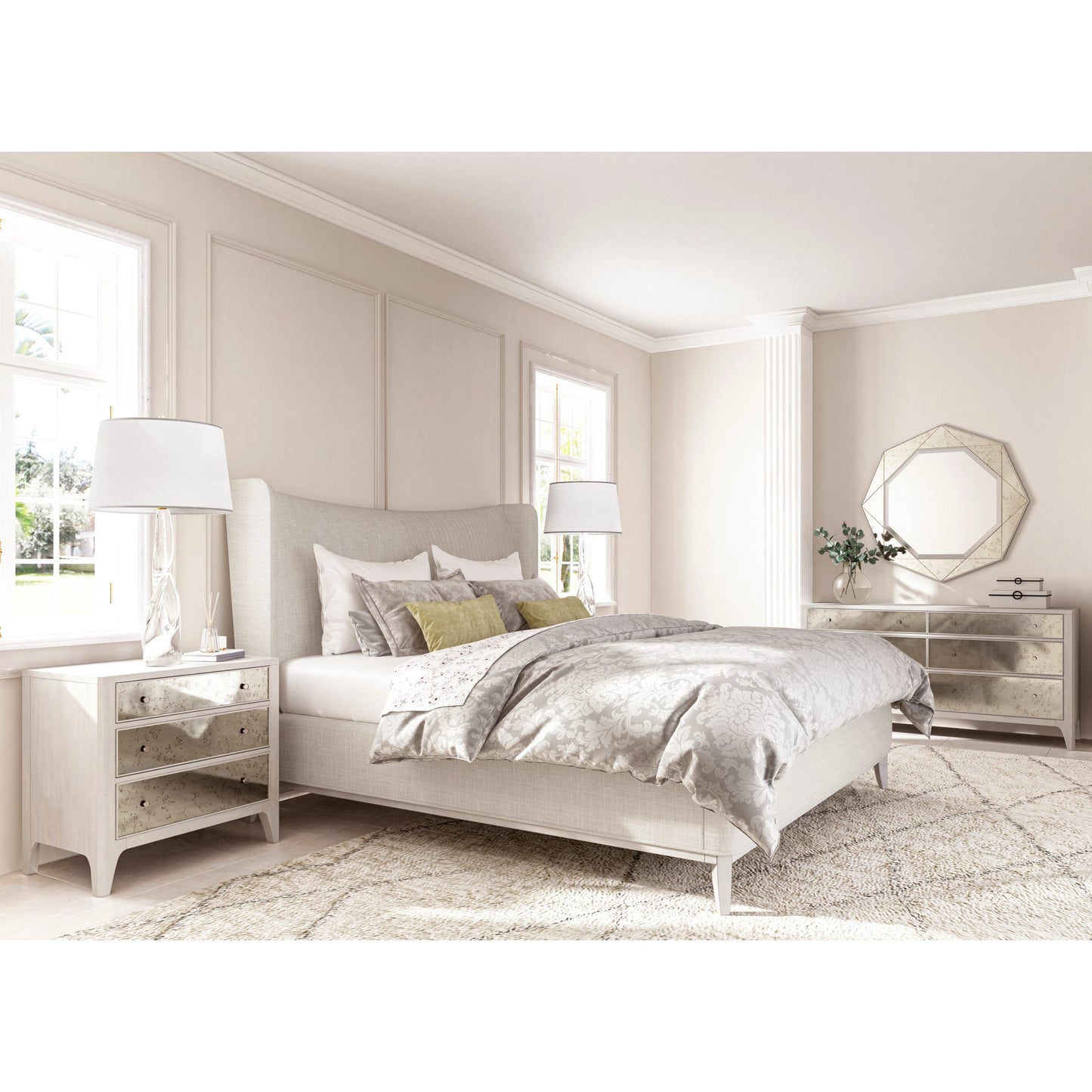 006 SI-2155789 | Lifestyle | Mezzanine 6 Drawer Mirrored Dresser by A.R.T. Furniture in dove gray. Made from parawood, poplar solids, maple veneer, mirror in a modern style.