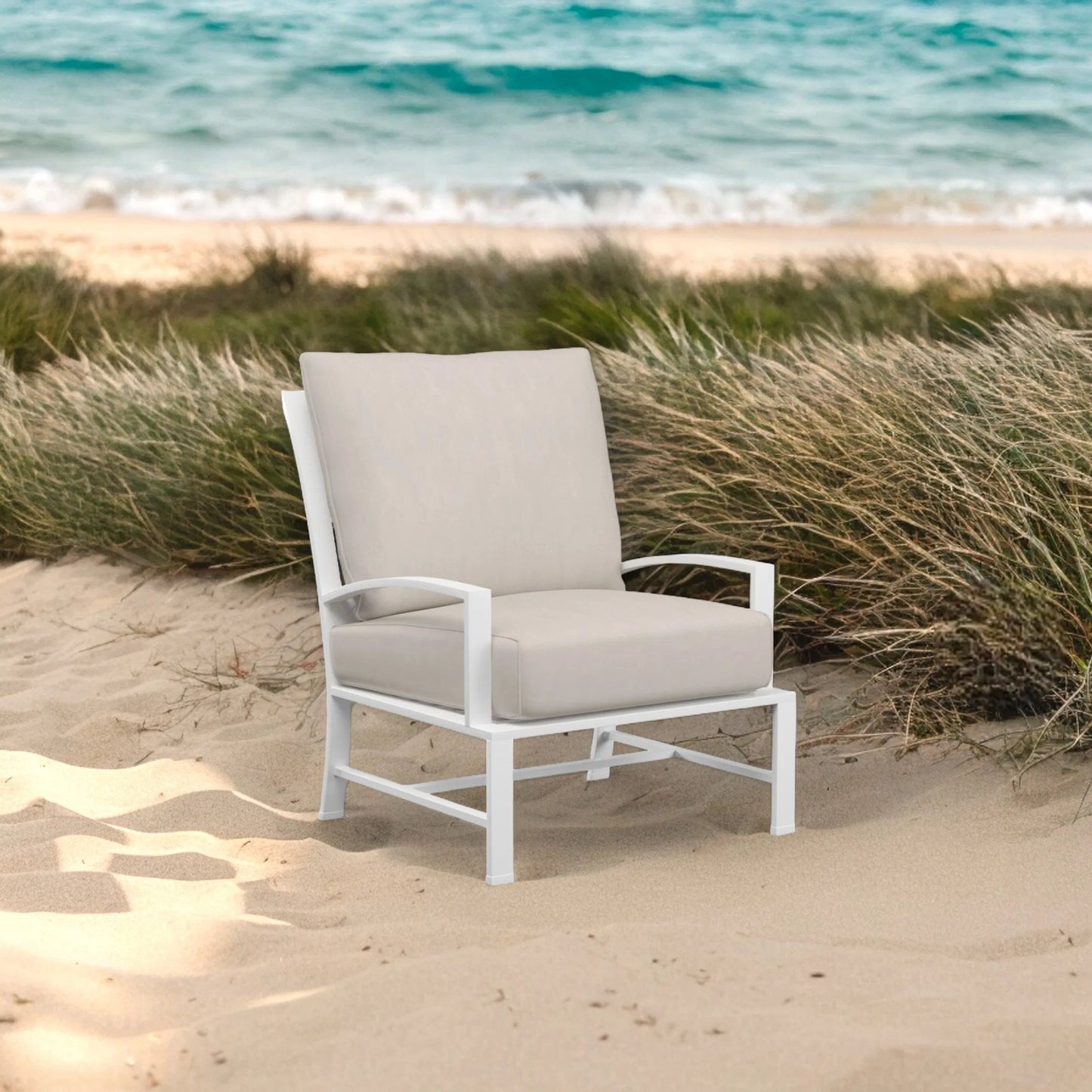 005 SI-2167192 | Lifestyle | Bristol Outdoor Club Chair Canvas Flax in Canvas Flax w/ Self Welt by Sunset West in white. Made from aluminum in a modern style.