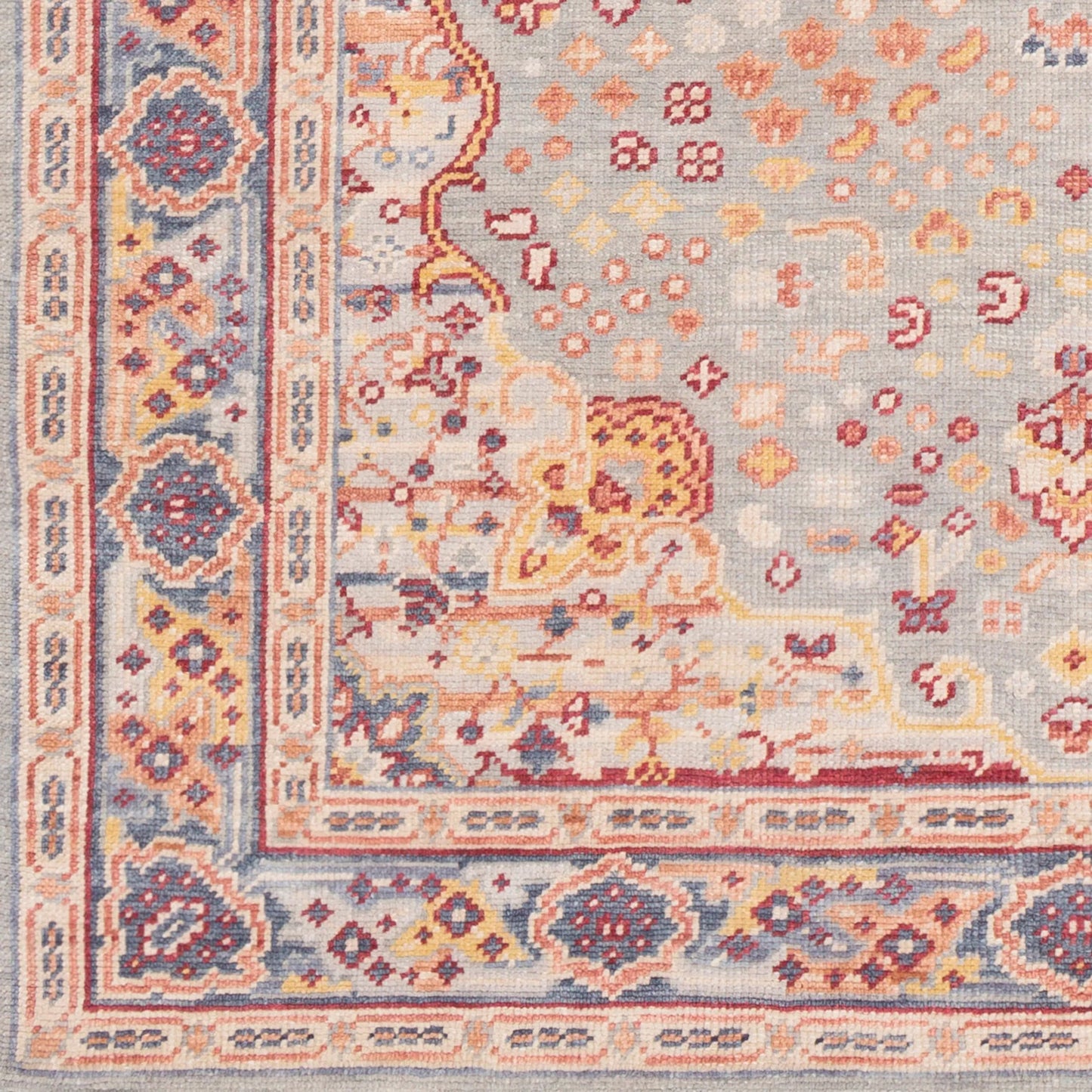004 97599-22655,97599-22656,97599-22658 | Closeup | Cappadocia Rug - 22367 by Surya in dusty sage, light sage, burgandy, mustard, rust, navy. Made from 100% wool in a unique style.