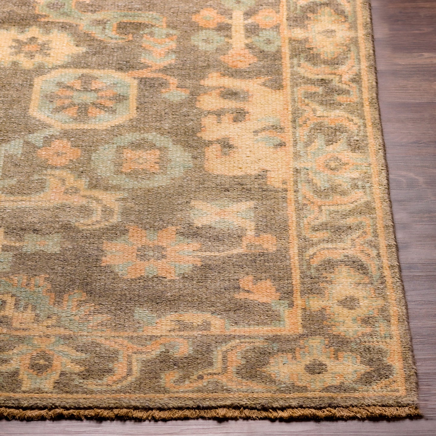 005 SI-1878724,SI-1878725,SI-1878726,SI-1878727 | Closeup | Cappadocia Rug - 26060 by Surya in burnt orange, seafoam, charcoal, olive, mustard. Made from 70% new zealand wool, 30% viscose in a unique style.
