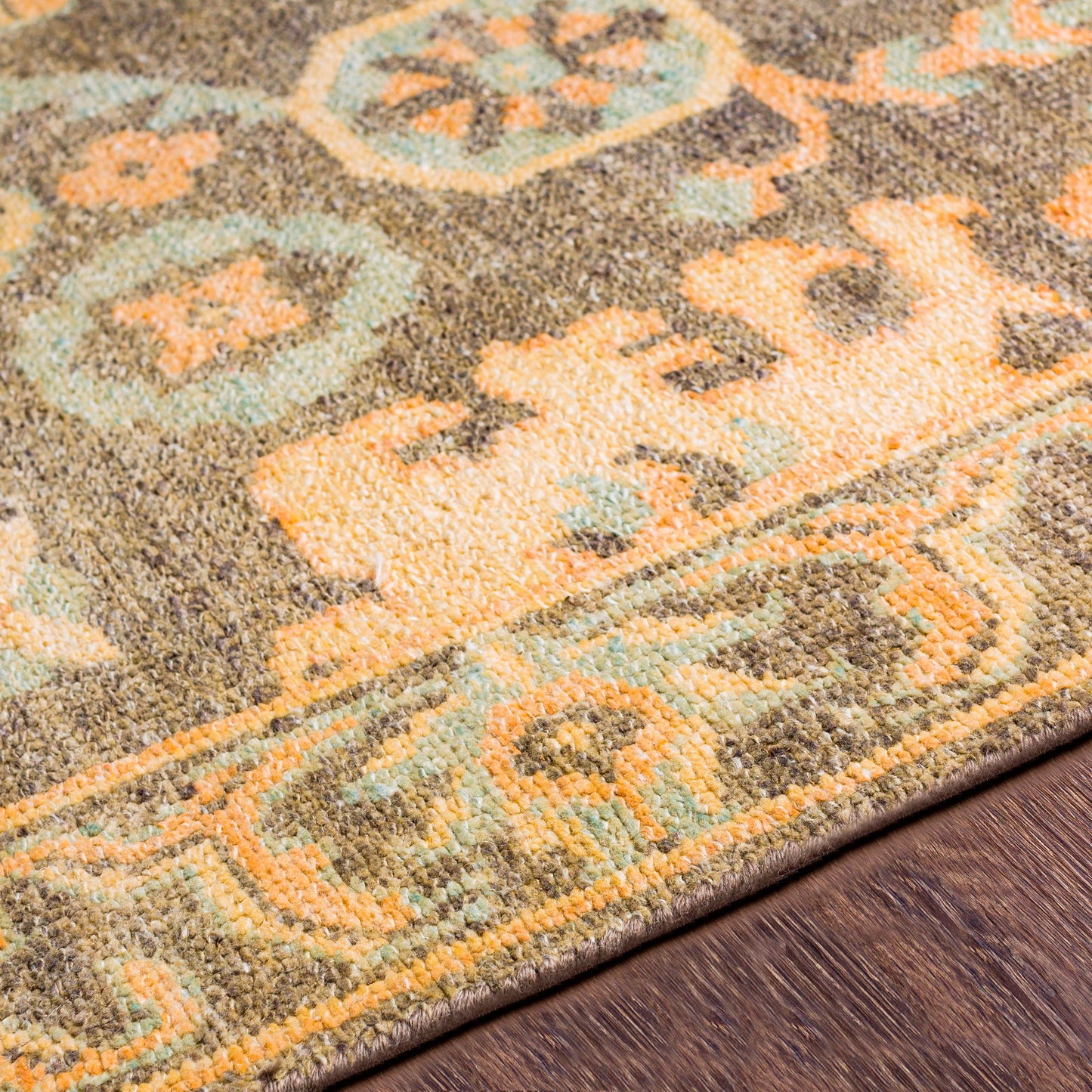 004 SI-1878724,SI-1878725,SI-1878726,SI-1878727 | Closeup | Cappadocia Rug - 26060 by Surya in burnt orange, seafoam, charcoal, olive, mustard. Made from 70% new zealand wool, 30% viscose in a unique style.